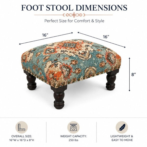 English Elm Printed Cotton Upholstered Square Ottoman Footstool with Turned Acacia Walnut Legs Boho Accent B346P544472