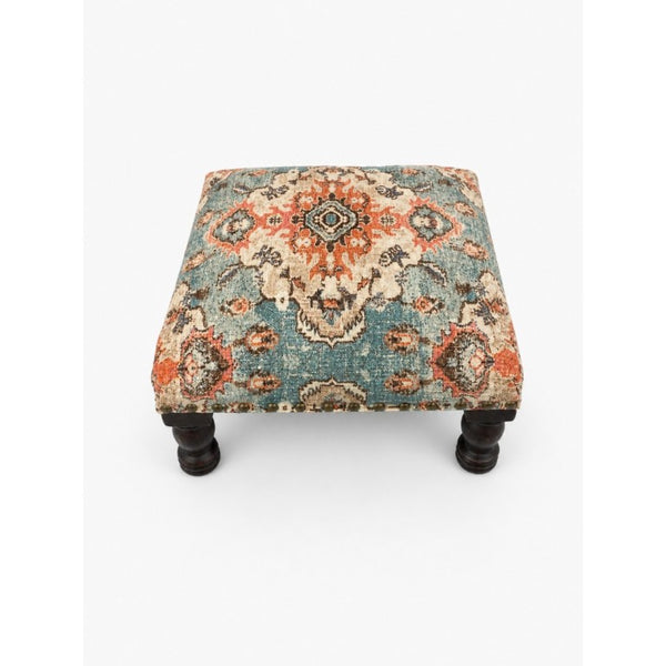 English Elm Printed Cotton Upholstered Square Ottoman Footstool with Turned Acacia Walnut Legs Boho Accent B346P544472