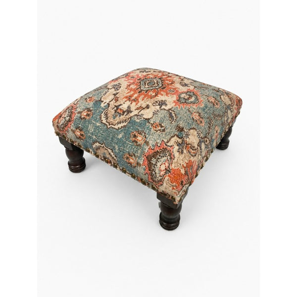 English Elm Printed Cotton Upholstered Square Ottoman Footstool with Turned Acacia Walnut Legs Boho Accent B346P544472