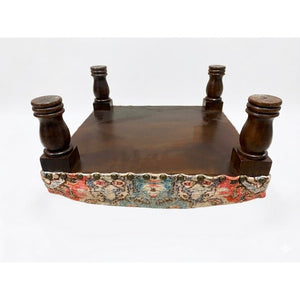 English Elm Printed Cotton Upholstered Square Ottoman Footstool with Turned Acacia Walnut Legs Boho Accent B346P544472