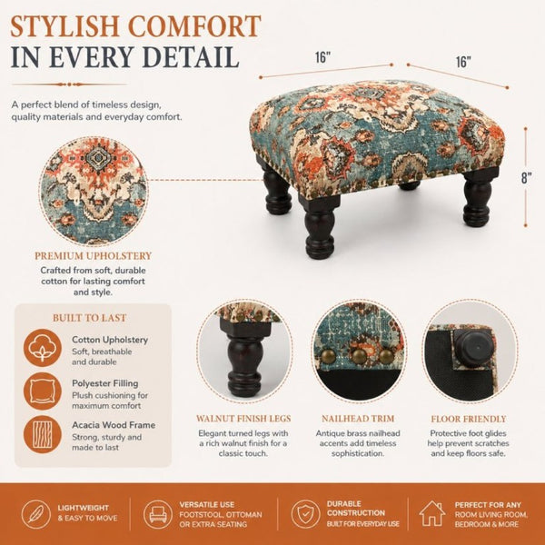 English Elm Printed Cotton Upholstered Square Ottoman Footstool with Turned Acacia Walnut Legs Boho Accent B346P544472