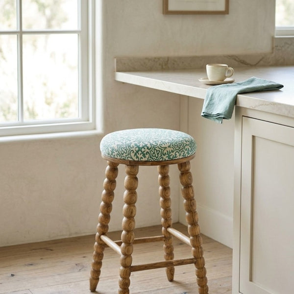 English Elm Spindle Leg Acacia Wood Barstool with Printed Cotton Seat for Kitchen Islands B346P544473