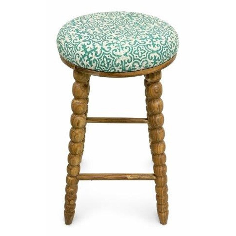 English Elm Spindle Leg Acacia Wood Barstool with Printed Cotton Seat for Kitchen Islands B346P544473