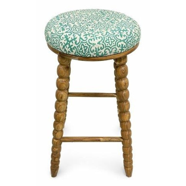 English Elm Spindle Leg Acacia Wood Barstool with Printed Cotton Seat for Kitchen Islands B346P544473