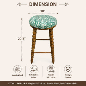 English Elm Spindle Leg Acacia Wood Barstool with Printed Cotton Seat for Kitchen Islands B346P544473