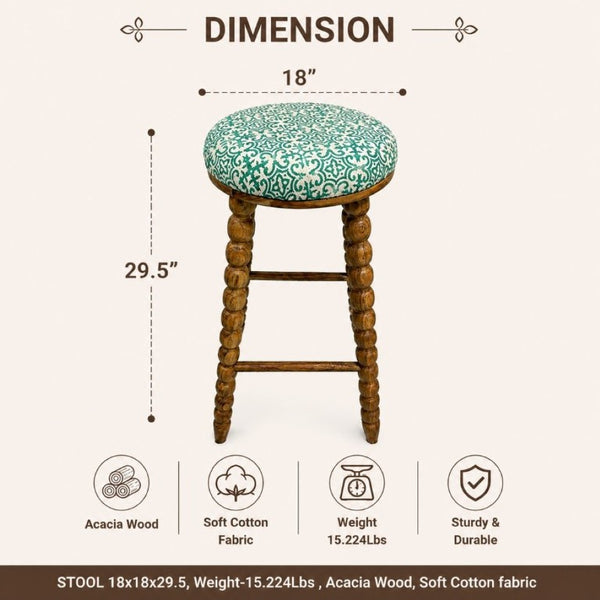 English Elm Spindle Leg Acacia Wood Barstool with Printed Cotton Seat for Kitchen Islands B346P544473