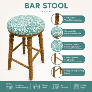 English Elm Spindle Leg Acacia Wood Barstool with Printed Cotton Seat for Kitchen Islands B346P544473