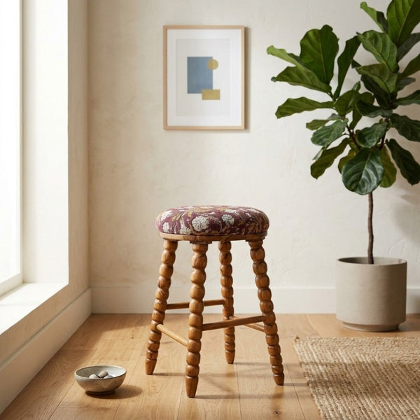 English Elm Spindle Leg Acacia Wood Bar Stool with Upholstered Cotton Seat for Breakfast Bars B346P544474