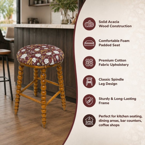 English Elm Spindle Leg Acacia Wood Bar Stool with Upholstered Cotton Seat for Breakfast Bars B346P544474