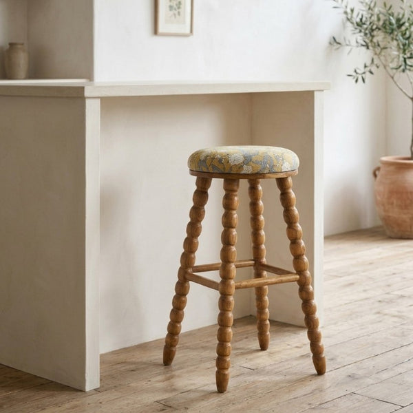 English Elm Spindle Turned Acacia Wood Barstool with Printed Cotton Seat for Kitchen Islands B346P544475