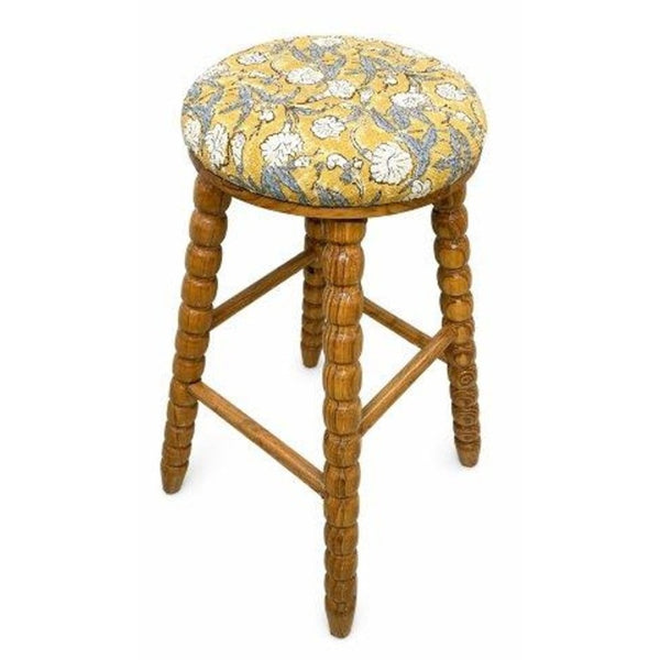 English Elm Spindle Turned Acacia Wood Barstool with Printed Cotton Seat for Kitchen Islands B346P544475