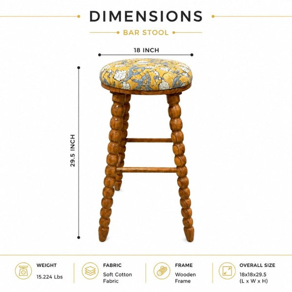 English Elm Spindle Turned Acacia Wood Barstool with Printed Cotton Seat for Kitchen Islands B346P544475