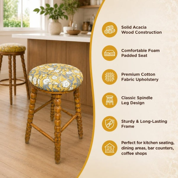 English Elm Spindle Turned Acacia Wood Barstool with Printed Cotton Seat for Kitchen Islands B346P544475