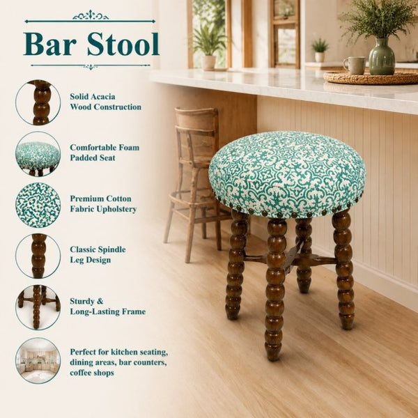 English Elm Spindle Acacia Wood Bar Stool with Printed Cotton Cushion for Kitchen Islands B346P544476