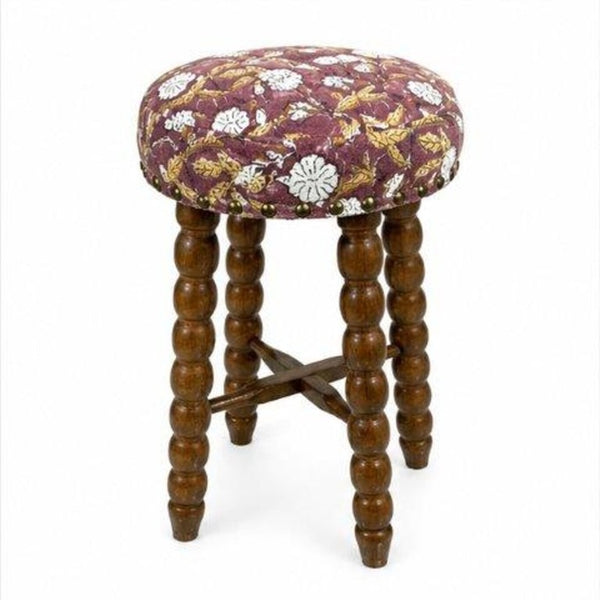 English Elm Spindle Hand-Turned Acacia Wood Counter Stool with Printed Cotton Seat Cushion B346P544477