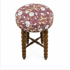 English Elm Spindle Hand-Turned Acacia Wood Counter Stool with Printed Cotton Seat Cushion B346P544477
