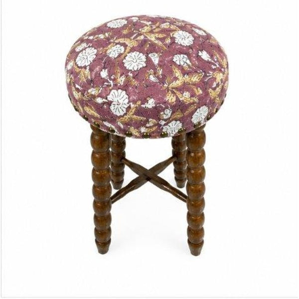 English Elm Spindle Hand-Turned Acacia Wood Counter Stool with Printed Cotton Seat Cushion B346P544477