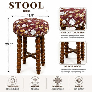 English Elm Spindle Hand-Turned Acacia Wood Counter Stool with Printed Cotton Seat Cushion B346P544477