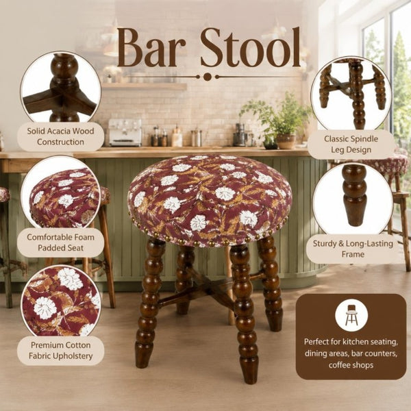 English Elm Spindle Hand-Turned Acacia Wood Counter Stool with Printed Cotton Seat Cushion B346P544477