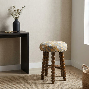 English Elm Spindle Acacia Wood Upholstered Counter Stool with Printed Cotton Seat for Islands B346P544478