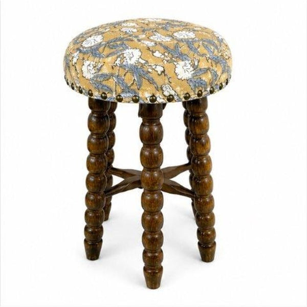 English Elm Spindle Acacia Wood Upholstered Counter Stool with Printed Cotton Seat for Islands B346P544478