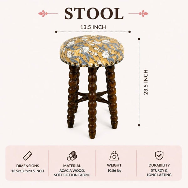 English Elm Spindle Acacia Wood Upholstered Counter Stool with Printed Cotton Seat for Islands B346P544478