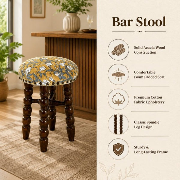 English Elm Spindle Acacia Wood Upholstered Counter Stool with Printed Cotton Seat for Islands B346P544478