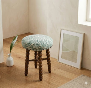 English Elm Spindle Acacia Wood Barstool Upholstered Cotton Seat Hand-Turned Legs Farmhouse Kitchen B346P544479