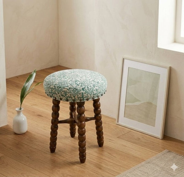 English Elm Spindle Acacia Wood Barstool Upholstered Cotton Seat Hand-Turned Legs Farmhouse Kitchen B346P544479