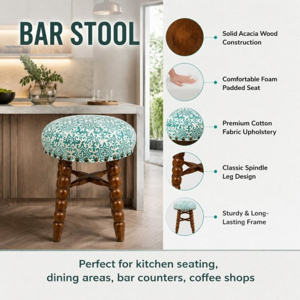 English Elm Spindle Acacia Wood Barstool Upholstered Cotton Seat Hand-Turned Legs Farmhouse Kitchen B346P544479