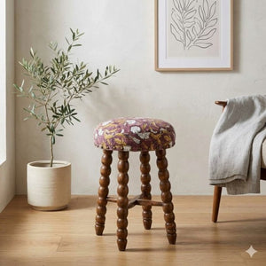 English Elm Spindle Bar Stool Solid Acacia Frame Hand Turned Legs Upholstered Cotton Kitchen B346P544480