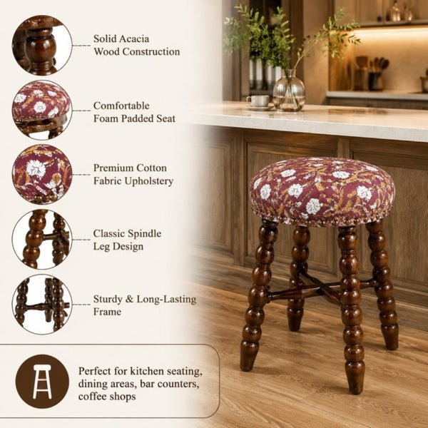 English Elm Spindle Bar Stool Solid Acacia Frame Hand Turned Legs Upholstered Cotton Kitchen B346P544480