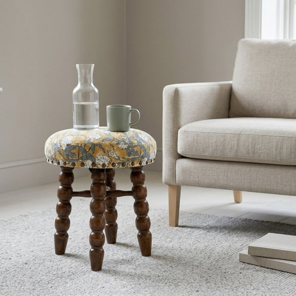 English Elm Spindle Barstool Hand-Turned Acacia Frame with Printed Cotton Upholstered Seat B346P544481