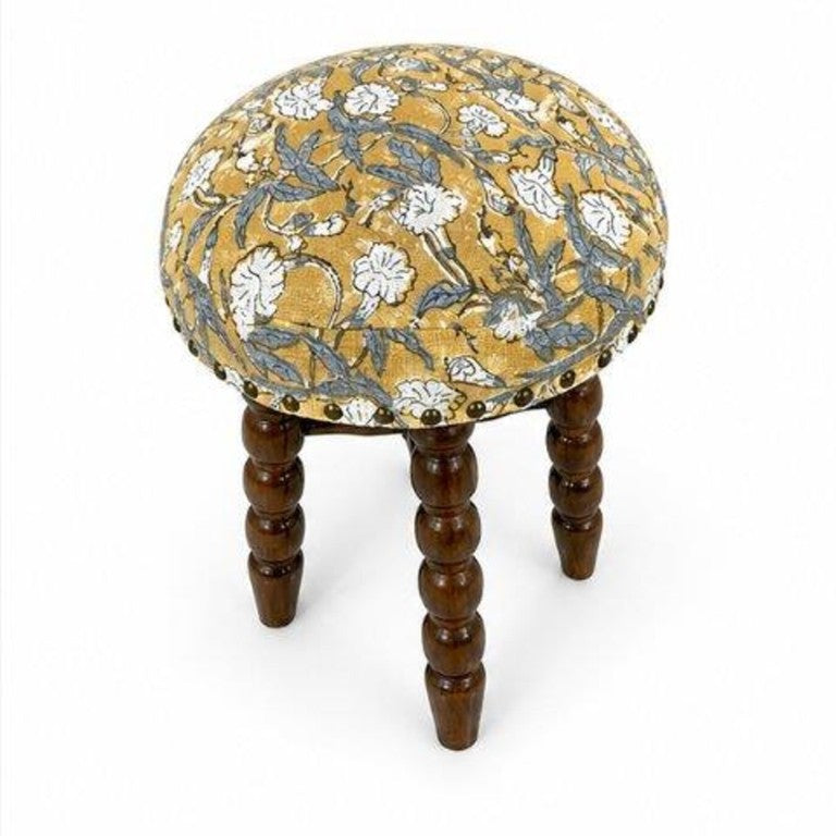 English Elm Spindle Barstool Hand-Turned Acacia Frame with Printed Cotton Upholstered Seat B346P544481