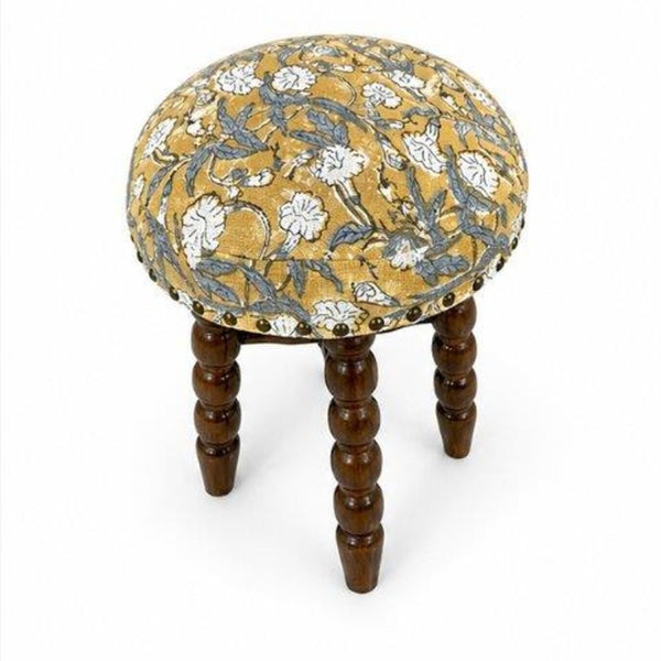 English Elm Spindle Barstool Hand-Turned Acacia Frame with Printed Cotton Upholstered Seat B346P544481