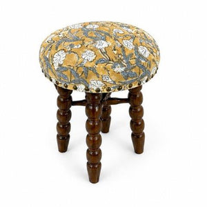 English Elm Spindle Barstool Hand-Turned Acacia Frame with Printed Cotton Upholstered Seat B346P544481