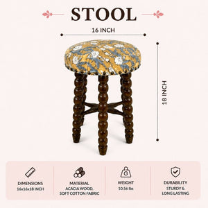 English Elm Spindle Barstool Hand-Turned Acacia Frame with Printed Cotton Upholstered Seat B346P544481