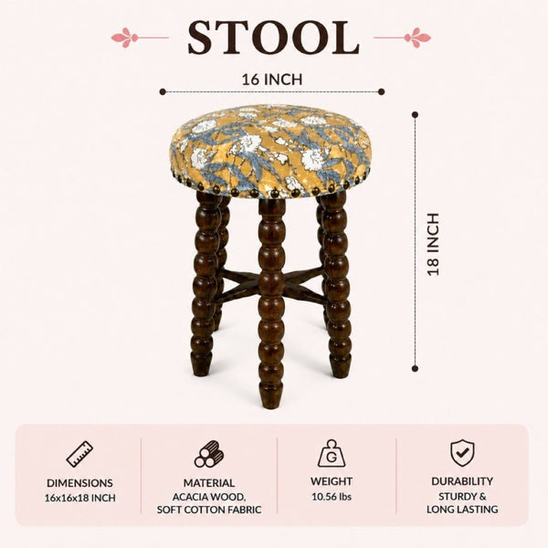 English Elm Spindle Barstool Hand-Turned Acacia Frame with Printed Cotton Upholstered Seat B346P544481