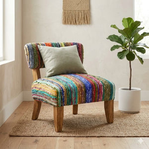 English Elm Wooden Acacia Frame Boho Accent Chair Handwoven Chindi Cotton Seat for Living Room B346P544482