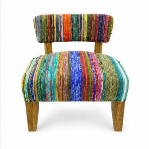 English Elm Wooden Acacia Frame Boho Accent Chair Handwoven Chindi Cotton Seat for Living Room B346P544482