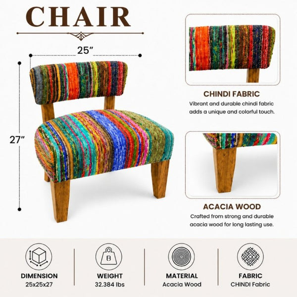 English Elm Wooden Acacia Frame Boho Accent Chair Handwoven Chindi Cotton Seat for Living Room B346P544482