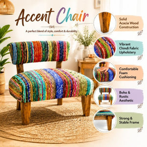 English Elm Wooden Acacia Frame Boho Accent Chair Handwoven Chindi Cotton Seat for Living Room B346P544482