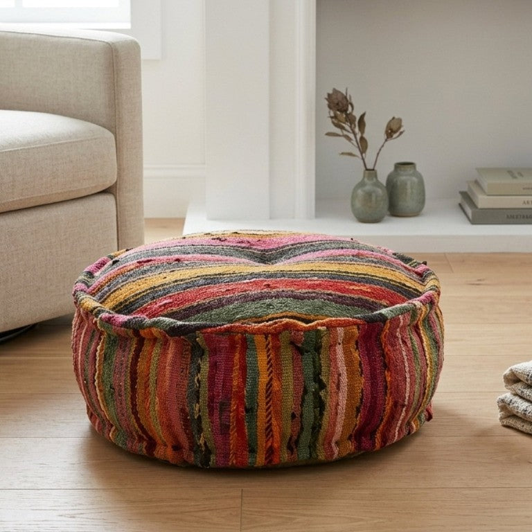 English Elm Round Handwoven Chindi Pouf Bohemian Floor Seat in Recycled Multicolor Striped Fabric B346P544483