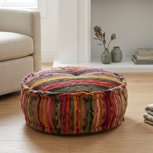 English Elm Round Handwoven Chindi Pouf Bohemian Floor Seat in Recycled Multicolor Striped Fabric B346P544483