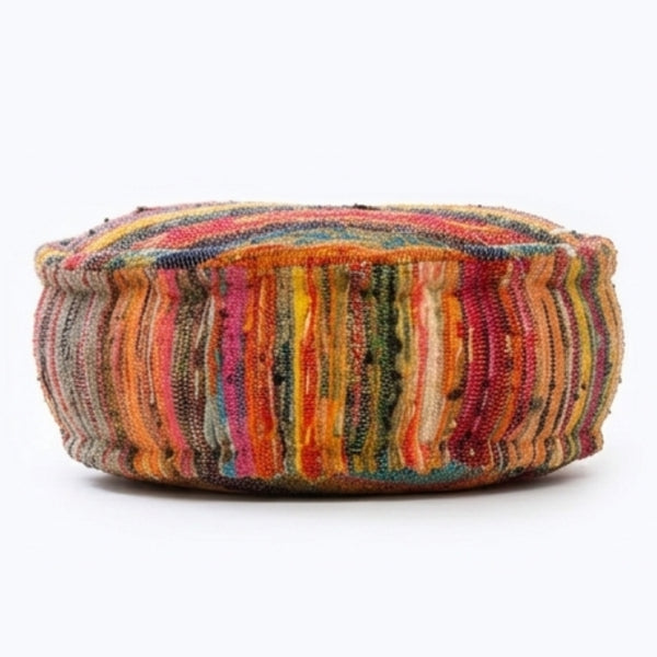 English Elm Round Handwoven Chindi Pouf Bohemian Floor Seat in Recycled Multicolor Striped Fabric B346P544483