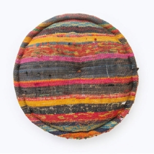 English Elm Round Handwoven Chindi Pouf Bohemian Floor Seat in Recycled Multicolor Striped Fabric B346P544483