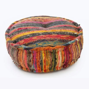 English Elm Round Handwoven Chindi Pouf Bohemian Floor Seat in Recycled Multicolor Striped Fabric B346P544483