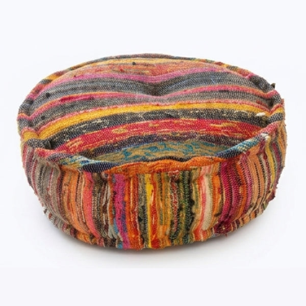 English Elm Round Handwoven Chindi Pouf Bohemian Floor Seat in Recycled Multicolor Striped Fabric B346P544483
