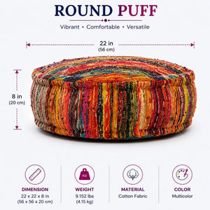 English Elm Round Handwoven Chindi Pouf Bohemian Floor Seat in Recycled Multicolor Striped Fabric B346P544483