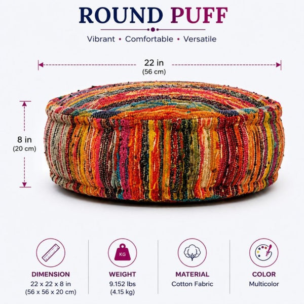 English Elm Round Handwoven Chindi Pouf Bohemian Floor Seat in Recycled Multicolor Striped Fabric B346P544483